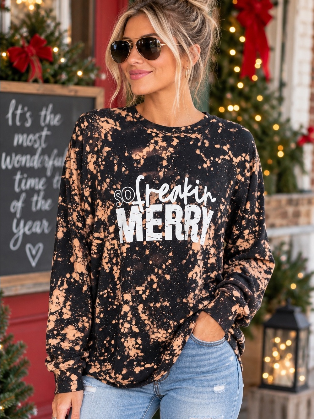 *CHRISTMAS* ‘So Freakin' Merry' Bleach Splatter Long-sleeve Graphic shirt